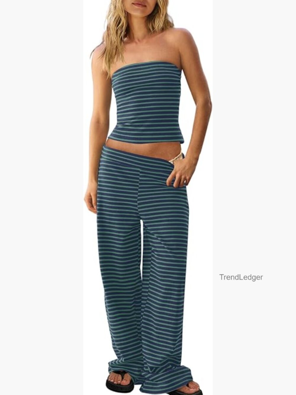 Striped Two Piece Set Tube Top and Wide Leg Pants Lounge Outfit